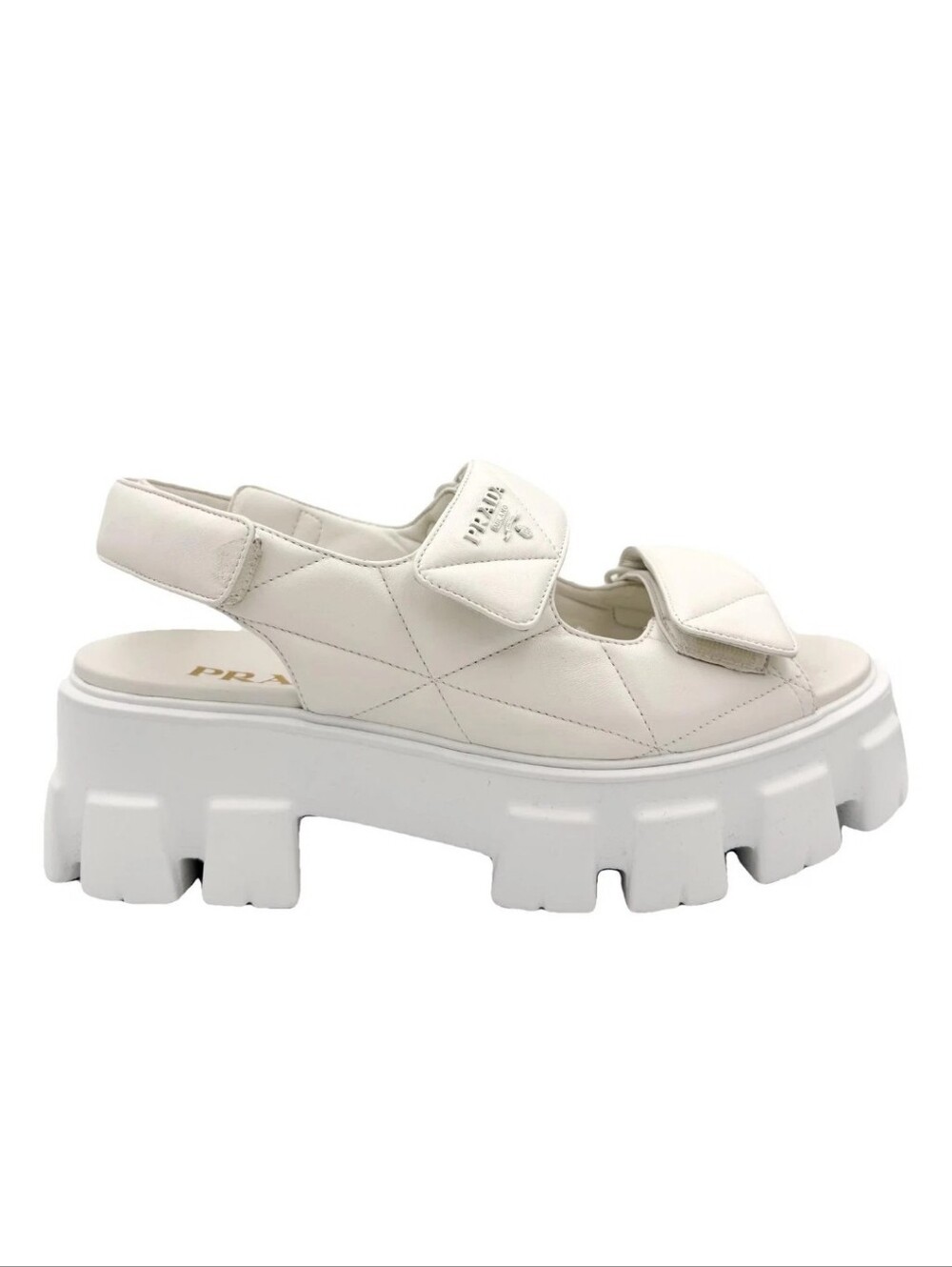 $1290 Prada Monolith Nappa Quilted Leather Logo Sandals White EU 38/40 US 8/10